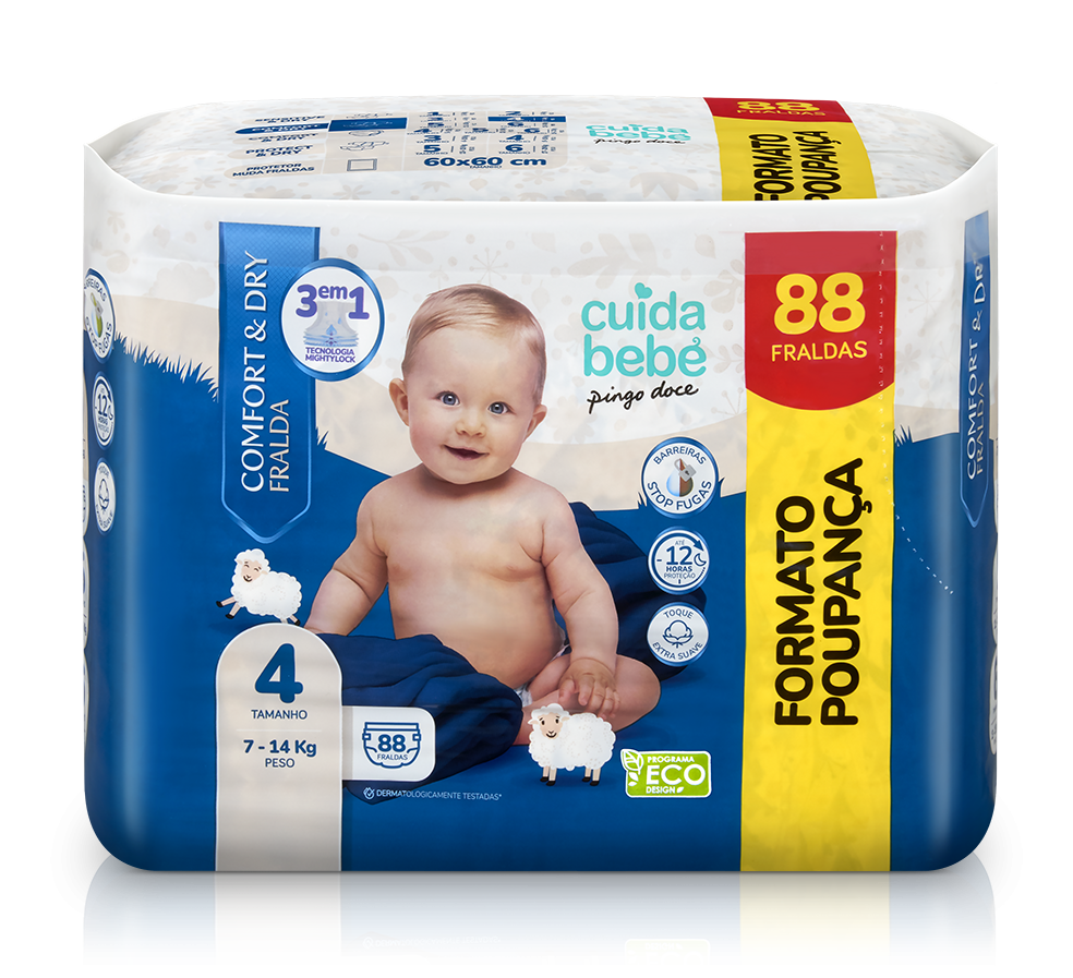 Fraldas Comfort&dry 7-14kg T4 Cuida Bebé 88 un