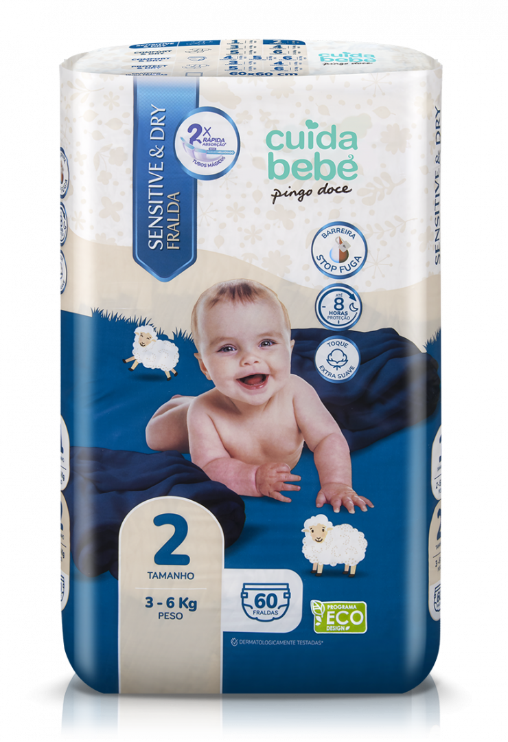 Fraldas Sensitive&dry 3-6kg T2 Cuida Bebé 60 un